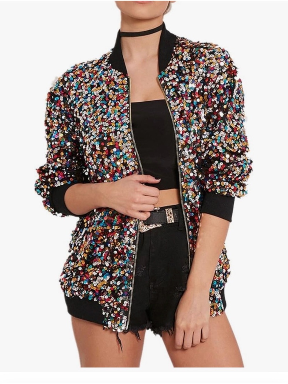 Cresay Woman’s Sequin Fitted Long Sleeve Zipper Blazer Bomber Jacket